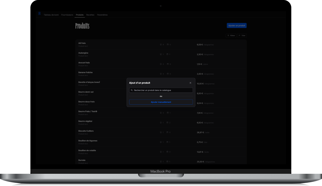 Interface Recèto — gestion des produits