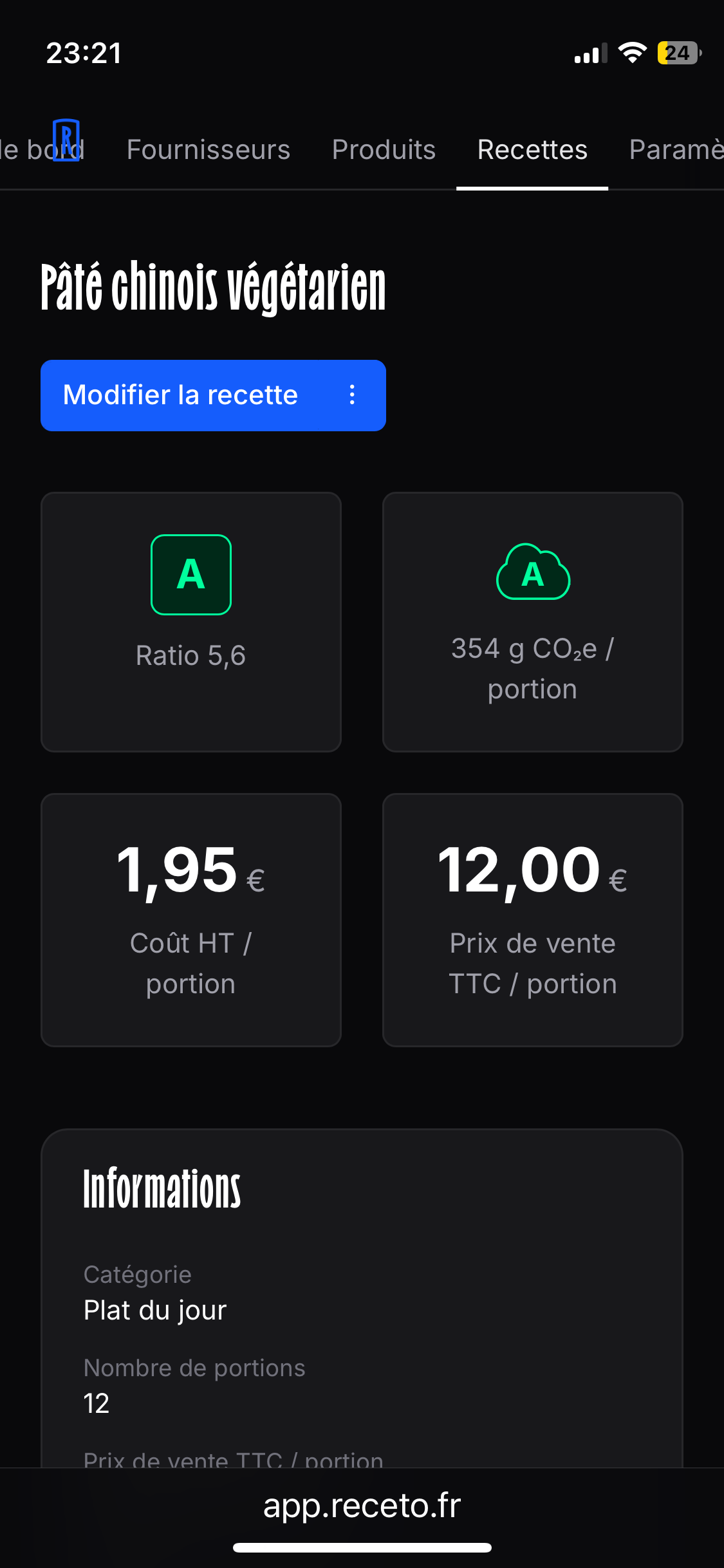 Interface Recèto — fiche recette avec ratio, empreinte carbone, coût et prix de vente