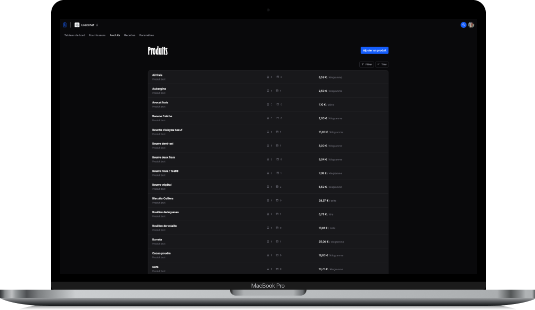 Interface Recèto — gestion des produits