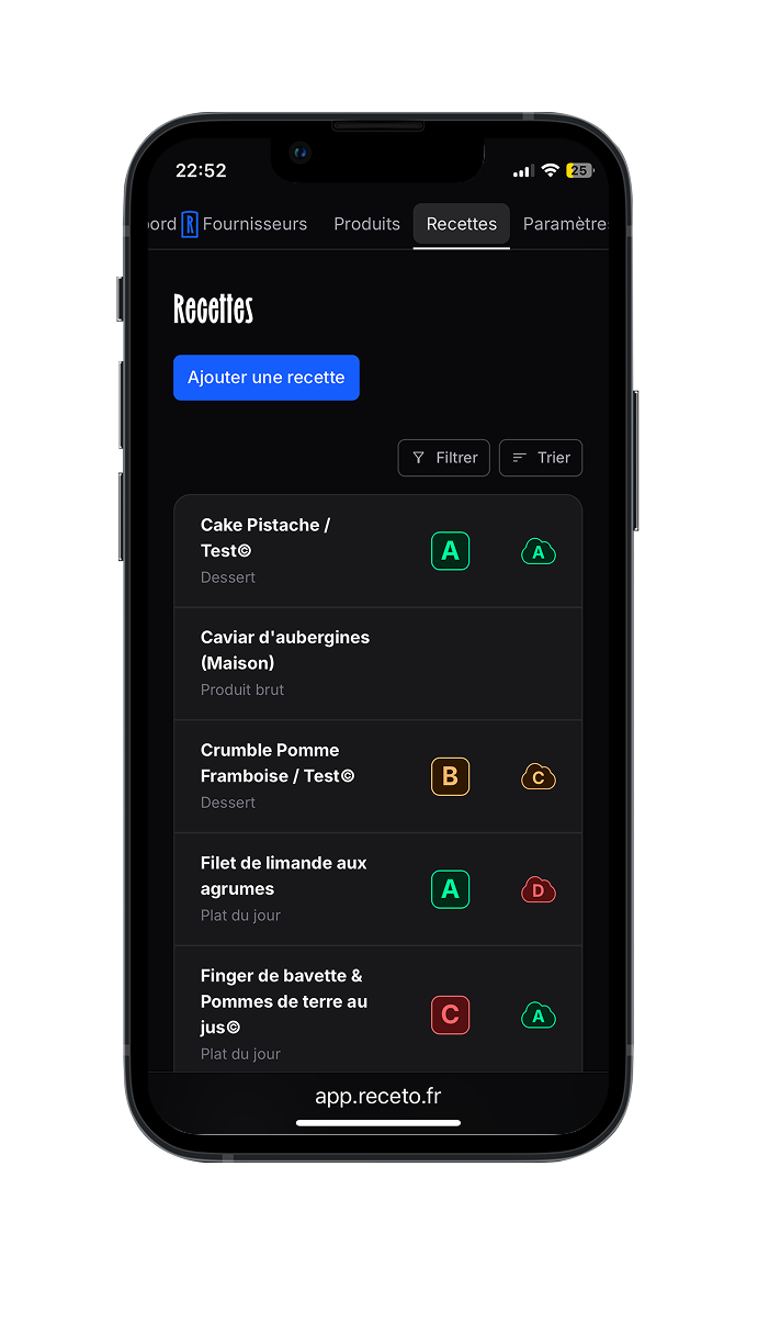 Application Recèto sur mobile